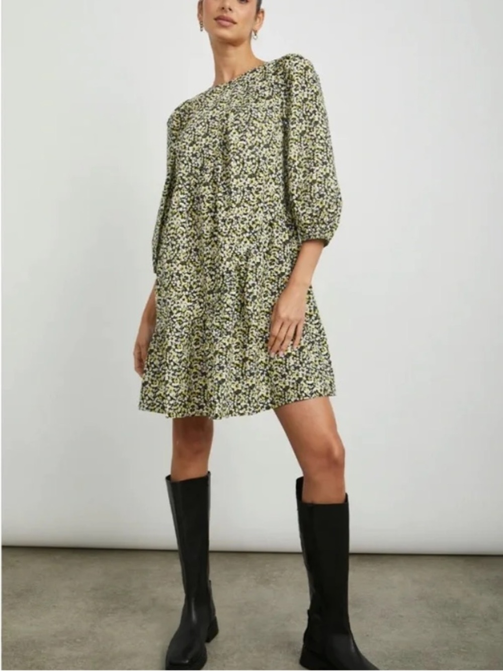 Rails Floral 3/4 Long-Sleeve Tiered Dress in Yellow, Black, White